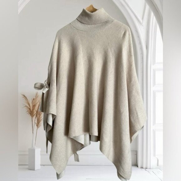 Club Monaco Cashmere Angora Wool Poncho Elegant Turtleneck with Side Bow - Picture 1 of 7